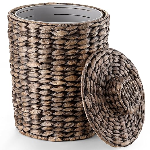 1.3 Gallons Wicker Waste Basket - Water Hyacinth Bathroom Trash Can - Garbage Can with Lid Boho Style - Wicker Trash Can with Lid for Bedroom, Kitchen - Removable Liner, Handwoven (Black color)
