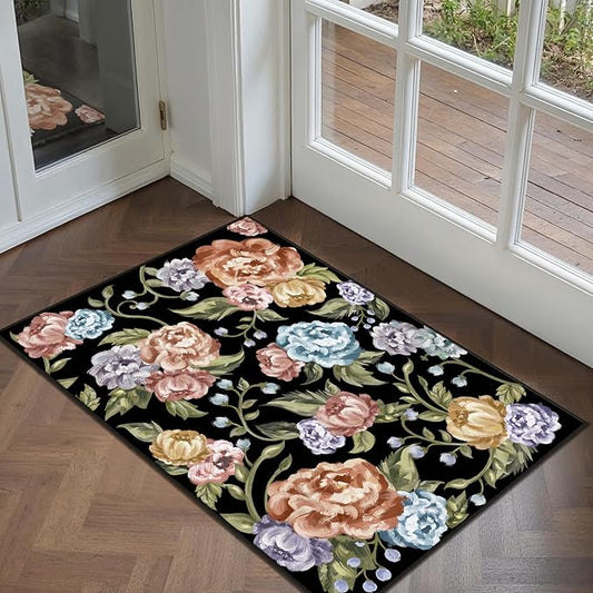 Black Area Rug 2x3 Floral Entryway Entrance Door Mat Indoor Non Slip Kitchen Carpet Washable Bedroom Small Low Pile Accent Rug for Office Living Dining Room Bathroom Farmhouse