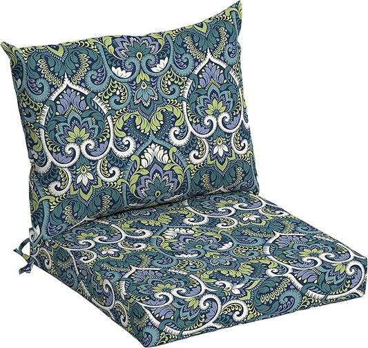 Arden Outdoor Dining Chair Cushion, 21 x 21, Rain-Proof, Fade Resistant 21 x 21, Sapphire Aurora Blue Damask