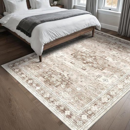 Washable Neutral Farmhouse Bedroom Rug, 5x7 Area Rugs for Living Room, Nursery Room, Boho Vintage Floral Non-Slip Rug Low Pile Stain Resistant (5x7 Beige/Latte)