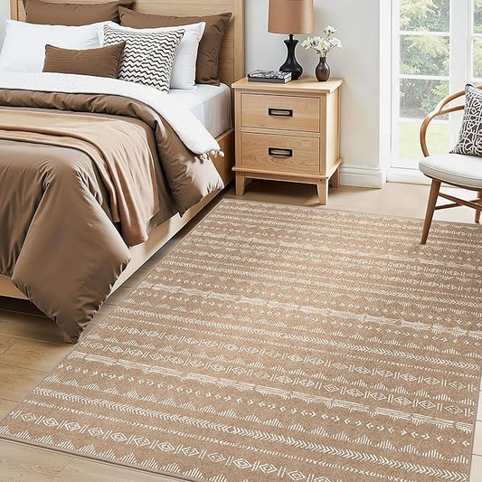 Deerly 3x5 Rugs Boho Moroccan Farmhouse Machine Washable Rug 3x5 Area Rug Non-Slip, Soft Low Pile Indoor Floor Carpet Neutral Rug for Living Room Kitchen Bedroom, Coffee