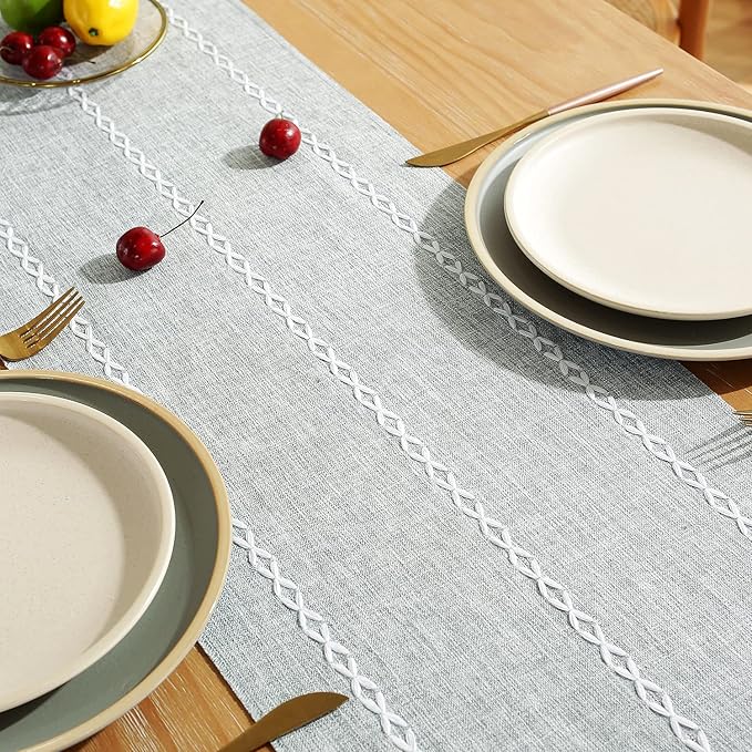 Rustic Farmhouse Style Linen Table Runner, Boho Handmade Tassel Embroidery Table Runners 60 Inches Long for Holiday Party, Dresser and Dining Decorations, 13 inchW X 60 inchL - Light Grey