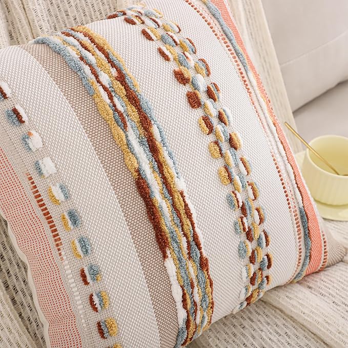 Tosleo Boho Throw Pillow Covers 18x18 Set of 2 Striped Decorative Pillow Cases Accent Chenille Pillowcases Farmhouse Cushion Case Bohemian Nuetral Textured Pillow Cover,Orange