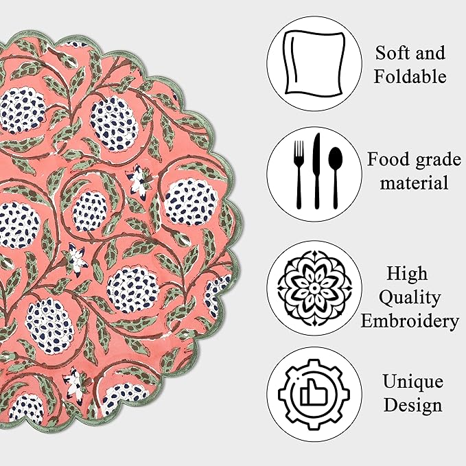 Ridhi Dark Salmon Bo-ho Round Place Mat Double Layer Floral Cotton Washable Placemats 15" Round Embroidery Block Print Table Mat (Pack of 4-15 Inch Round)