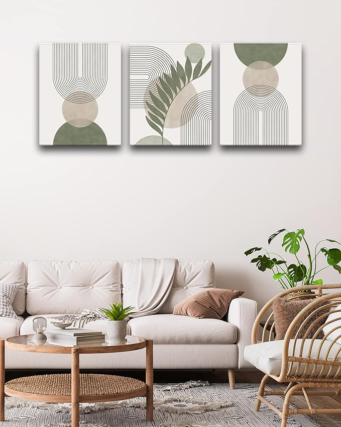 Sage Green Boho Wall Art, 12x16in Framed Canvas Bathroom Wall Art Pictures, Mid-Century Modern Wood Framed Abstract Prints for Bedroom,Minimalist Office Wall Decor 3Pack