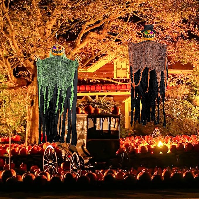 FUNPENY 2 Pack 5.2' Hanging Ghost Pumpkin with Bendable Arms, Halloween Skeleton Pumpkin Decorations with Color Changing Lighted Eyes for Halloween Party Lawn Outdoor Indoor Decor