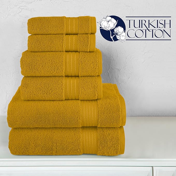 Elegant Comfort Premium Cotton 6-Piece Towel Set, Includes 2 Washcloths, 2 Hand Towels and 2 Bath Towels, 100% Turkish Cotton - Highly Absorbent and Super Soft Towels for Bathroom, Gold