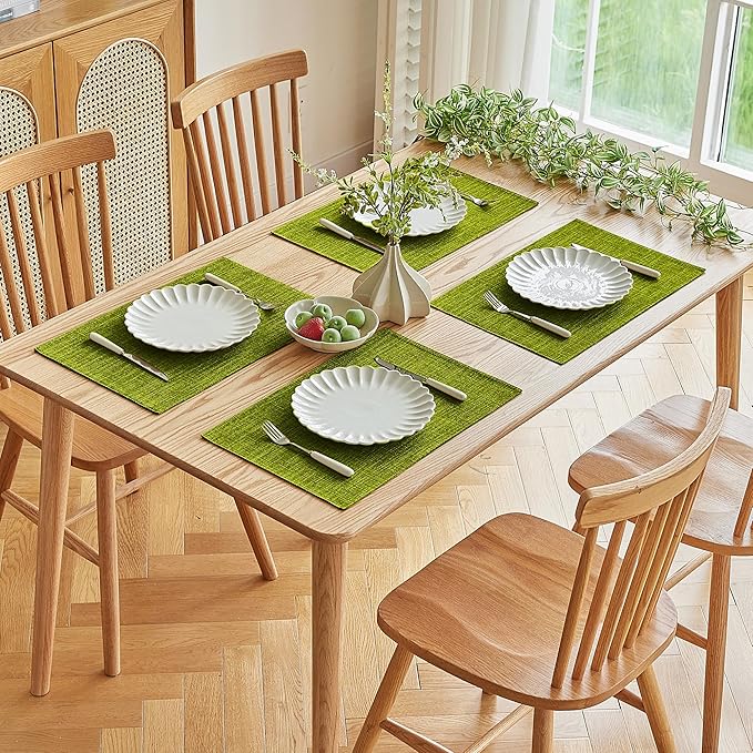 Softalker Faux Linen Placemats Set of 8-12 x 18 Inch, Heat Resistant Double Layered Durable Burlap Farmhouse Place Mats, Non-Slip Washable Rustic Table Mats for Dining, Kitchen, Party（Lime Green