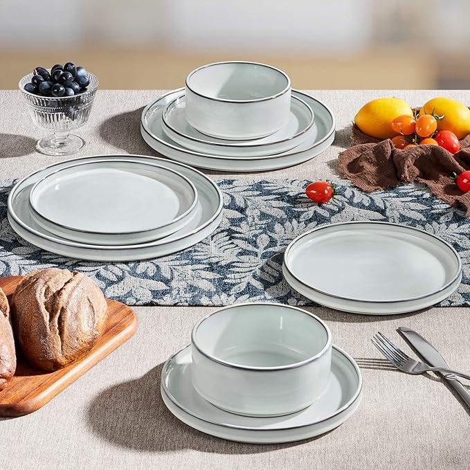 Herogo 12 Pieces Stoneware Dinnerware Set for 4, Ceramic Dinner Dishware Sets for Home Kitchen, Plates and Bowls with Rustic Terracotta Bottom, Dishwasher & Microwave Safe, Icy White