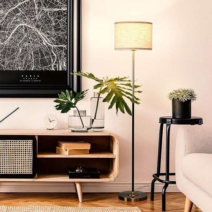 Brightech Emery LED Floor Lamp, Mid-Century Standing Lamp for Bedroom Reading, Modern Lamp for Living Rooms & Offices, Great Living Room Décor, Tall Lamp With Drum Shade & Brass Finish