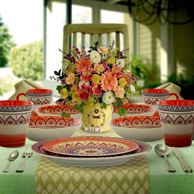 Elama Mandala Round Stoneware Multicolor Dinnerware Set, 16 Piece, Red