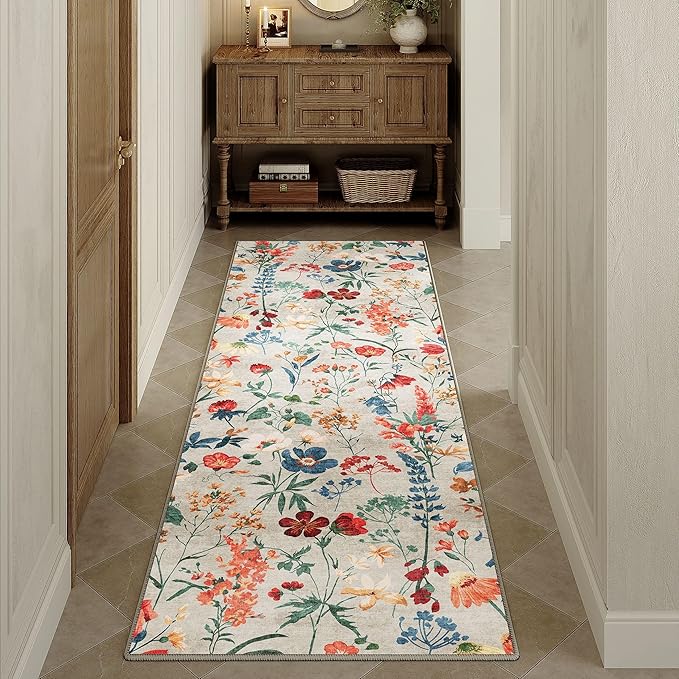 Floral Runner Rug 2x6 Washable Hallway Long Beige Bedroom Carpet Non Slip Indoor Boho Kitchen Low Pile Accent Rug Lightweight Soft for Bathroom Dining Laundry Living Room