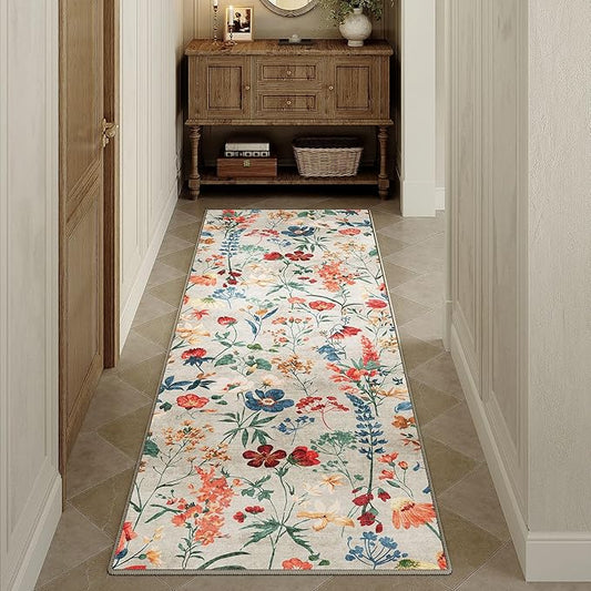 Floral Runner Rug 2x6 Washable Hallway Long Beige Bedroom Carpet Non Slip Indoor Boho Kitchen Low Pile Accent Rug Lightweight Soft for Bathroom Dining Laundry Living Room