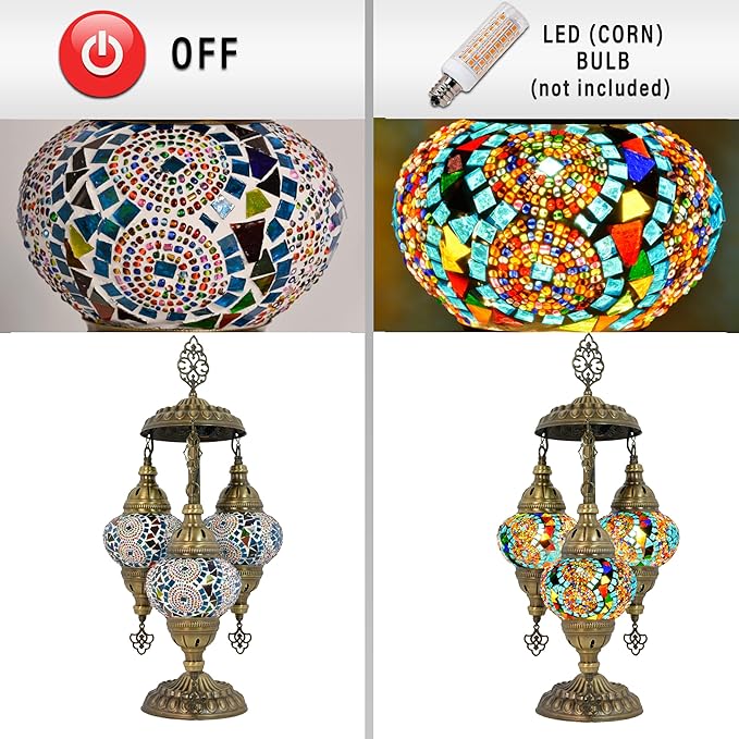 mozaist 3 Globe Turkish Mosaic Table Lamp, Stained Glass Tiffany Style Moroccan Desk Light, Handmade Vintage Antique Entryway Decorative Colorful Lighting with US Plug & E12 Socket (Multi-Colored)