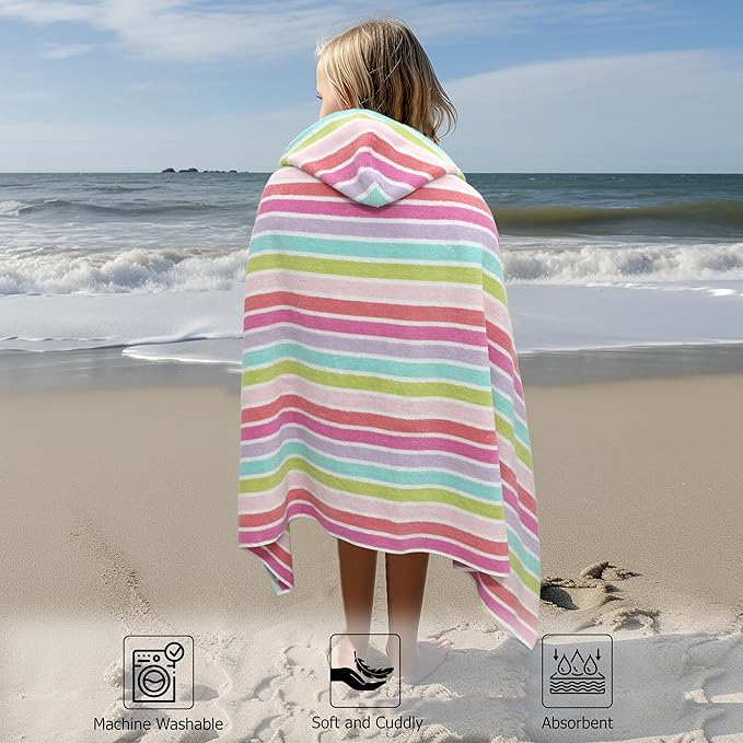 Hooded Bath Towel Wrap - 100% Cotton Terry Large Oversized Hooded Kids Towel - Toddler Shower Pool Beach Towel - Super Soft Plush Absorbent Quick Dry Easy Care Gift - 30x60 - Pink Multi