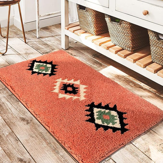 DEXDE Boho Bathroom Rugs 20x32 Soft Absorbent Bath Mat Non Slip Moroccan Geometric Bath Rug Luxury Carpet for Bathroom Shower Kitchen Entryway Farmhouse Decor, Coral Red