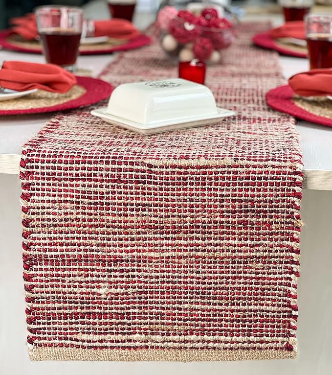 Chardin Home Natural Jute Table Runner 13x90 Inch – Vintage Boho Rustic Table Decor – Handwoven Jute Table Runner in Natural and Red – Farmhouse Dining or Console Table Accent