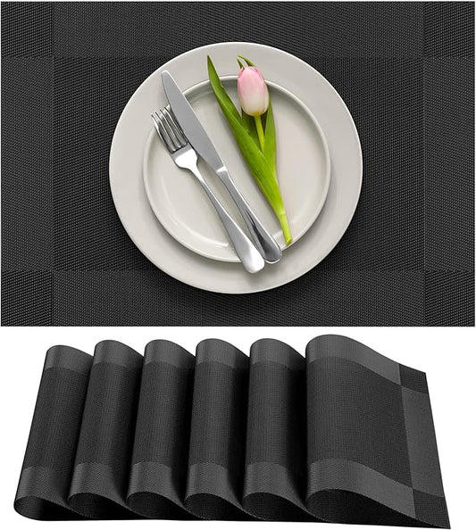 More Décor Dining Table Placemats, Washable Heat-Resistant PVC Vinyl Table Mats for Dining Room and Kitchen, Anti-Slip - Set of 4 -Black