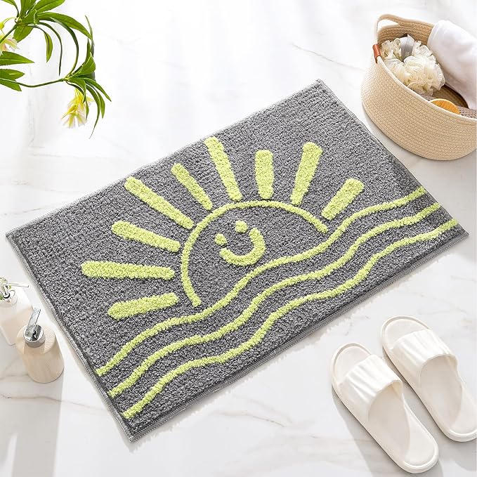 Bathroom Rugs Mat Rectangle 32"×20" - Cute Sun Smile Fun Grey Green Boho Bath Mats Non Slip, Soft Absorbent Microfiber Bohemian Rug,Machine Washable Rubber Rugs for Floor Bedroom Toilet Bathmat