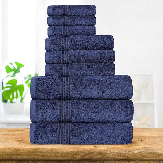 Superior Egyptian Cotton 9-Piece Towel Set, Assorted Towels for Home Bathroom, Master, Guest Bath, Decor Essentials, Includes 3 Bath, 3 Hand, 3 Face Towels/Washcloths, Quick Dry, Absorbent, Navy Blue