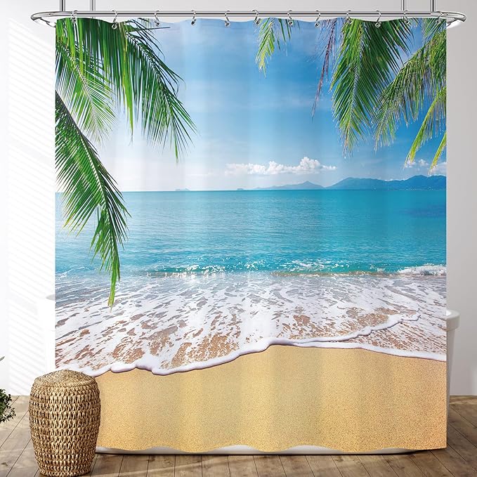 Ocean Beach Shower Curtain 72x72 Summer Seaside Bath Curtain Set Island Nature Scene Palm Tree Tropical Bathroom Decor Relax Nautical Coastal Shower Curtain