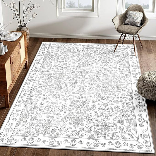 Floral Area Rug 4x6 Washable Entryway Grey Carpet Non Slip Boho Thin Farmhouse Throw Accent Rug for Living Room Bedroom Office Kitchen Bathroom