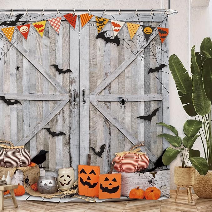 Halloween Pumpkin Bat Shower Curtain 60Wx72L Inch Horror Spooky Scary Barn Door Farmhouse Rustic Wood Wooden Holiday Bathroom Set Accessories Decor with 12 Pack Hooks