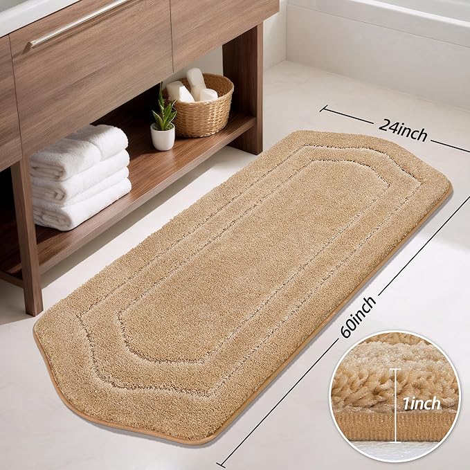 COSY HOMEER Bathroom Rugs Mat 24”x60” Absorbent Non-Slip Bath Mat, Plush Shaggy Bathroom Runner, Machine Washable Large Soft Bath Mats for Bath Floor,Tub and Shower,Beige