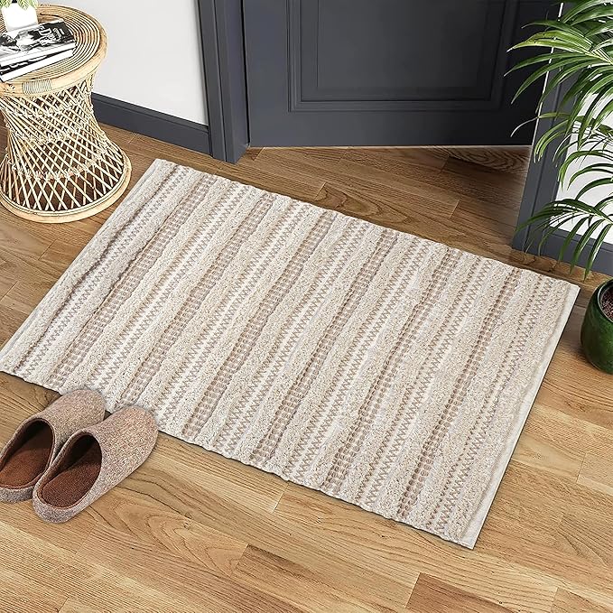 Cotton Rugs for Living Room 24x36 inches, Farmhouse Cotton Area Rug for Bedroom, Washable Tufted Indoor Floor Carpet for Kitchen Dorm Office Dining Room Office Home Decor, Off White Natural