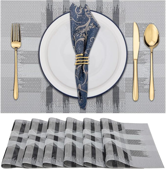 Winknowl Placemats Set of 6, Heat Resistant Stain Resistant Woven Vinyl Insulation Place mats, Durable Washable Elegant Table Mats for Kitchen Dining Table Decor (Geometric Gray)
