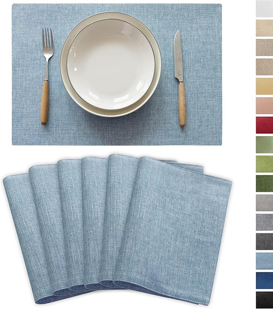 Demetex Blue Placemats Set of 6 Heat Resistant Farmhouse Burlap Placemats Washable Cloth Place Mat Dining Table Plate Mats for Kitchen Table Decor, Blue