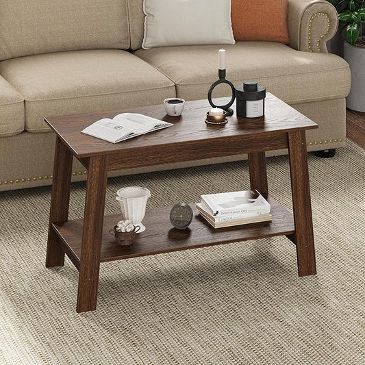 2-Tie Coffee Table, Rustic Wood Living Room Tables with Open Rectangular Storage Compartment, Coffee Tables for Living Room, Outdoors, Home Office, Bedroom, Walnut