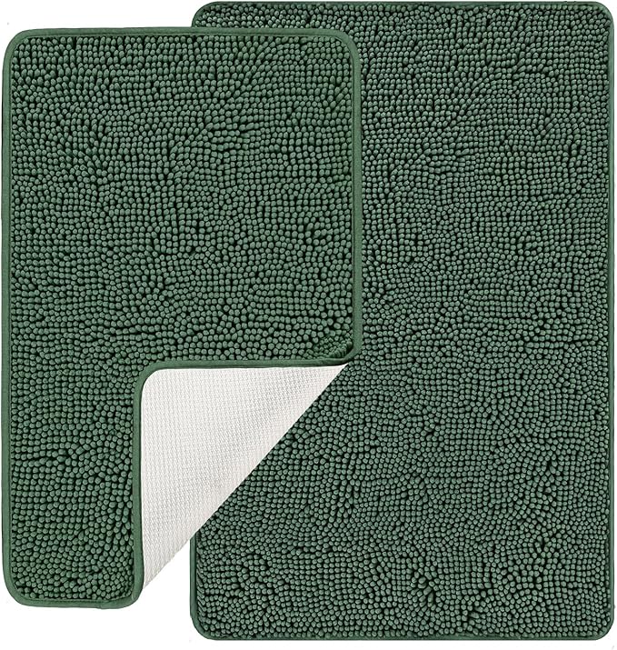 Dark Green Bathroom Rugs Sets 2 Piece – Absorbent and Washable Bath Mat, Non-Slip, Thick Soft Chenille Bath Rugs for Bathroom Floor, Shower, Sink - 20" x 32"+24" x 36"