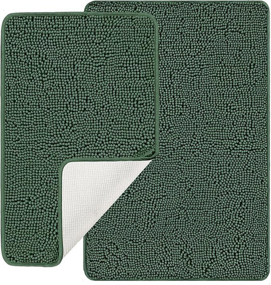 Dark Green Bathroom Rugs Sets 2 Piece – Absorbent and Washable Bath Mat, Non-Slip, Thick Soft Chenille Bath Rugs for Bathroom Floor, Shower, Sink - 20" x 32"+24" x 36"