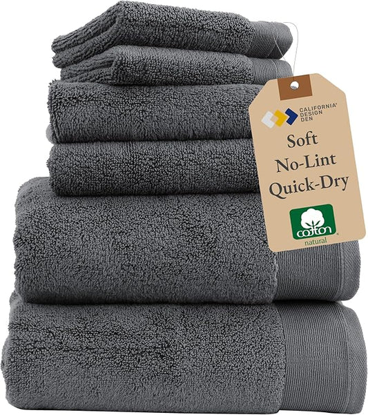 California Design Den 6 Piece Everyday Towel Set - 2 Bath Towels for Bathroom, 2 Hand Towels and 2 Washcloths - 100% Cotton, Soft, Quick-Dry & Absorbent Towels for Bathroom, Spa, Gym & Kitchen - Grey