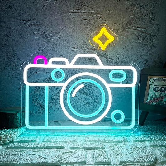 Camera Neon Sign, Dimmable USB Powered LED Cute Photography Studio Camera Neon Light, Camera Store Wall Art for Party Cafe Shop Photo Studio Living Room Decor Enthusiasts Birthday Gift (13.3*12.2in)