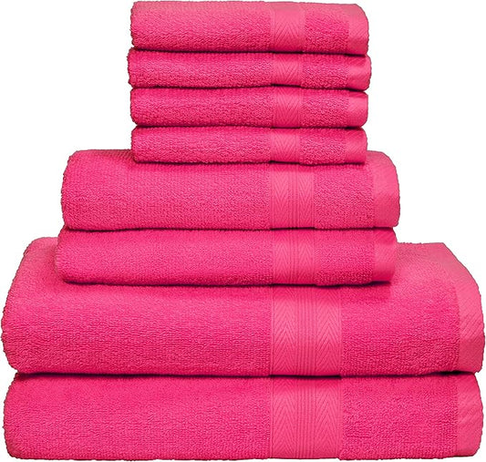 BOUTIQUO 8 Piece Towel Set 100% Ring Spun Cotton, 2 Bath Towels 27X54, 2 Hand Towels 16X28 and 4 Washcloths 13X13 - Ultra Soft Highly Absorbent Machine Washable Hotel Spa Quality - Hot Pink