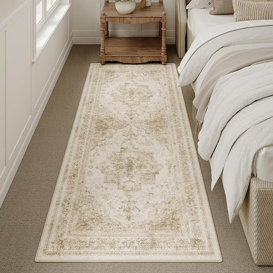 Runner Rug 3x7 Washable Beige Hallway Runner Vintage Boho Medallion Non Slip Distressed Retro Carpet Indoor Low Pile Long Soft Rug for Kitchen Entryway Bedroom Bathroom Laundry