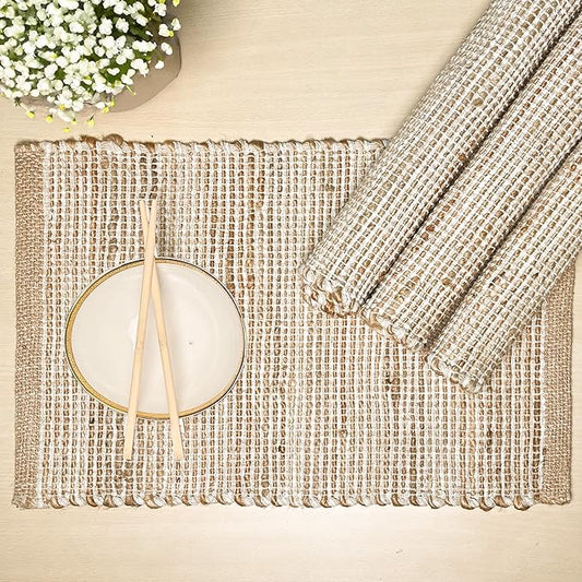 Chardin home | Natural Jute Placemats Set of 4 | 13x19 Inch. Rustic Farmhouse Place mats | Table mats Colors - Natural Jute and Ivory