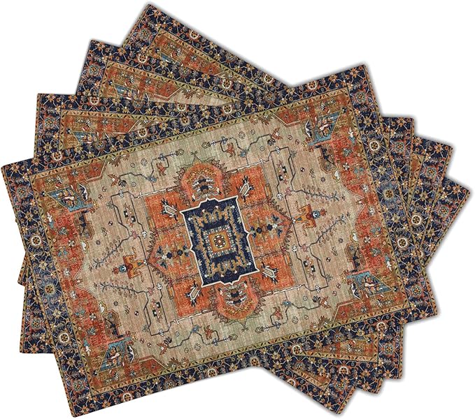 Aztec Terracotta Boho Placemats Set of 4 Vintage Rust Retro Carpet Linen Washable Kitchen Dining Table Mats Stain Heat-Resistant Desktop Decor Place Mats for Home Party Indoor 12x18 in