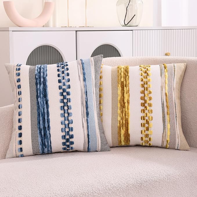 Tosleo Boho Throw Pillow Covers 18x18 Set of 2 Striped Decorative Pillow Cases Accent Chenille Pillowcases Farmhouse Cushion Case Bohemian Nuetral Textured Coastal Pillow Cover,Sky Blue