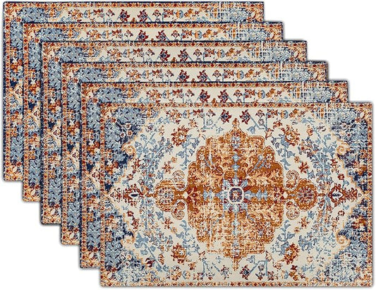 Ethnic Boho Placemats Set of 6 Bohemian Carpet Vintage Orange Grey Floral Linen Washable Kitchen Dining Table Mats Stain Heat-Resistant Desktop Decor Place Mats for Home Party Indoor 12x18 in