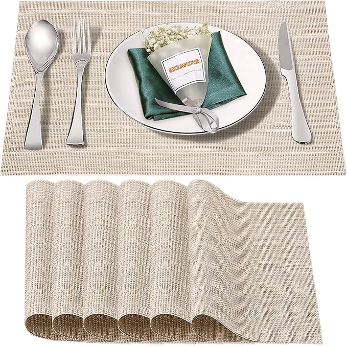 Placemats Set of 6,Washable,Heat and Stain Resistant Indoor/Outdoor Place mats, Vinyl Woven Non Slip Table Mats for Restaurant Table Protection, PVC Table Placemats.(Beige White, 6PCS)