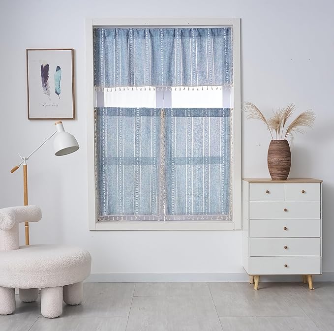 ColorBird Kitchen Short Curtains，52 x 18 inch Blue Striped Valance Curtains Light Filtering Tier Curtains, 1 Panel Embroidered Kitchen Window Curtains Over Sink for Laundry Room RV Camper
