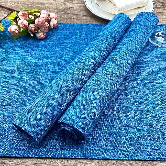 Weabetfu Cloth Placemats Set of 6 Heat Resistant Dining Table Placemmats Cotton Linen Machine Washable Kitchen Table Mats Wrinkle Free Thick Fabric Place Mats,Easy to Clean,13" x 19" Blue