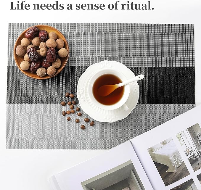 Leetaltree Grey with White Striped Placemats Set of 12 - Heat Resistant Non-Slip Place mats for Dining Table, Washable Durable PVC Vinyl Woven Table Mats（Grey Stripe, 12）