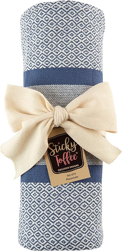Sticky Toffee Cotton Placemats Set of 4 – Blue Woven 14x19 in Table Mats for Kitchen or Dining Table, Boho Style, Washable Cloth Placemats