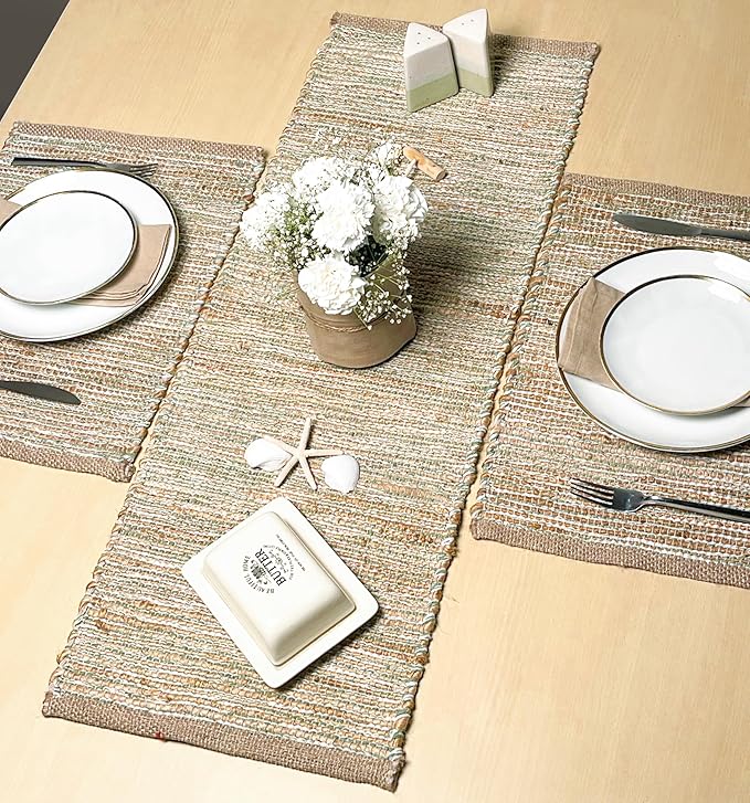Chardin Home Natural Jute Table Runner 13x36 Inch – Vintage Boho Rustic Table Decor – Handwoven Jute Table Runner in Natural and Sage Green – Farmhouse Dining or Console Table Accent
