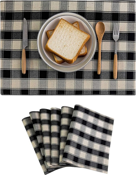Home Brilliant Buffalo Plaid Placemats Set of 6 Farmhouse Place Mats for Kitchen Table, 13 x 19 inches, Black and White