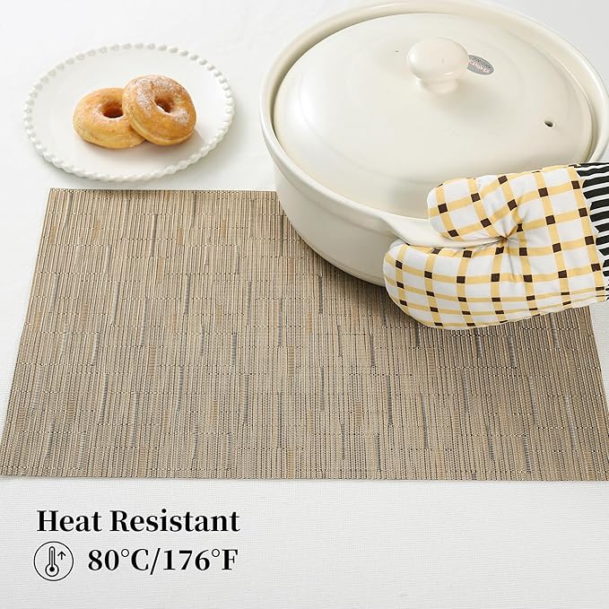 Leetaltree Light Brown Placemats Set of 6 - Heat Resistant Non-Slip Place mats for Dining Table, Washable Durable PVC Vinyl Woven Table Mats（Light Brown, 6）
